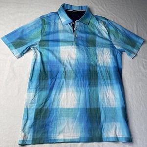 Bugatchi Men Polo Shirt Sz L Short Sleeve Blue Green Abstract Print Cotton Shirt